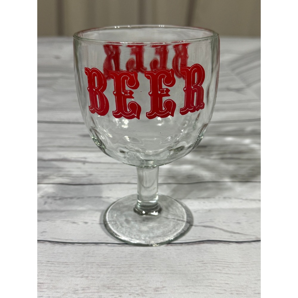 Vintage Beer Schooner Glass Red Western Graphic Heavy Stemmed Goblet 6.25in
